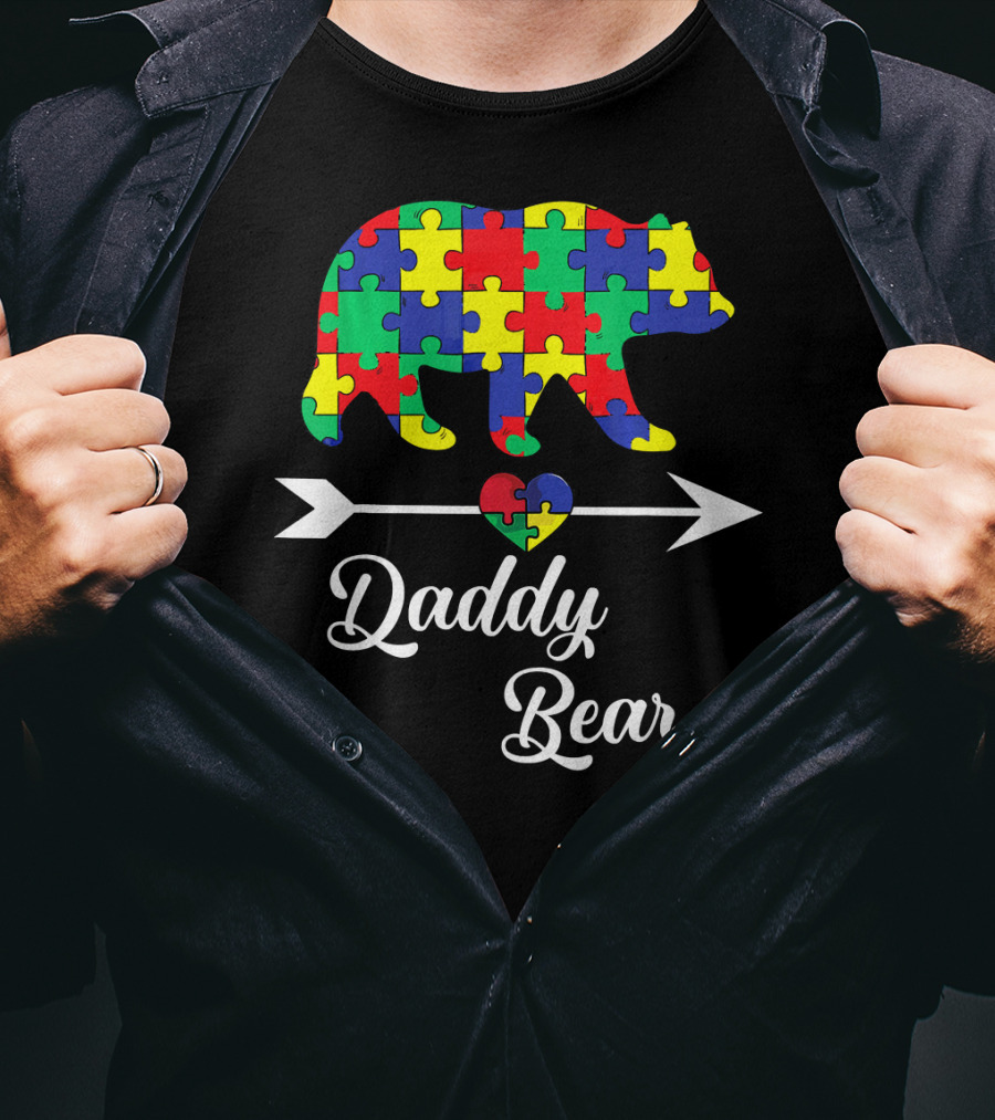 Daddy Bear Puzzle Heart Arrow Autism Awareness Dad T-Shirt
