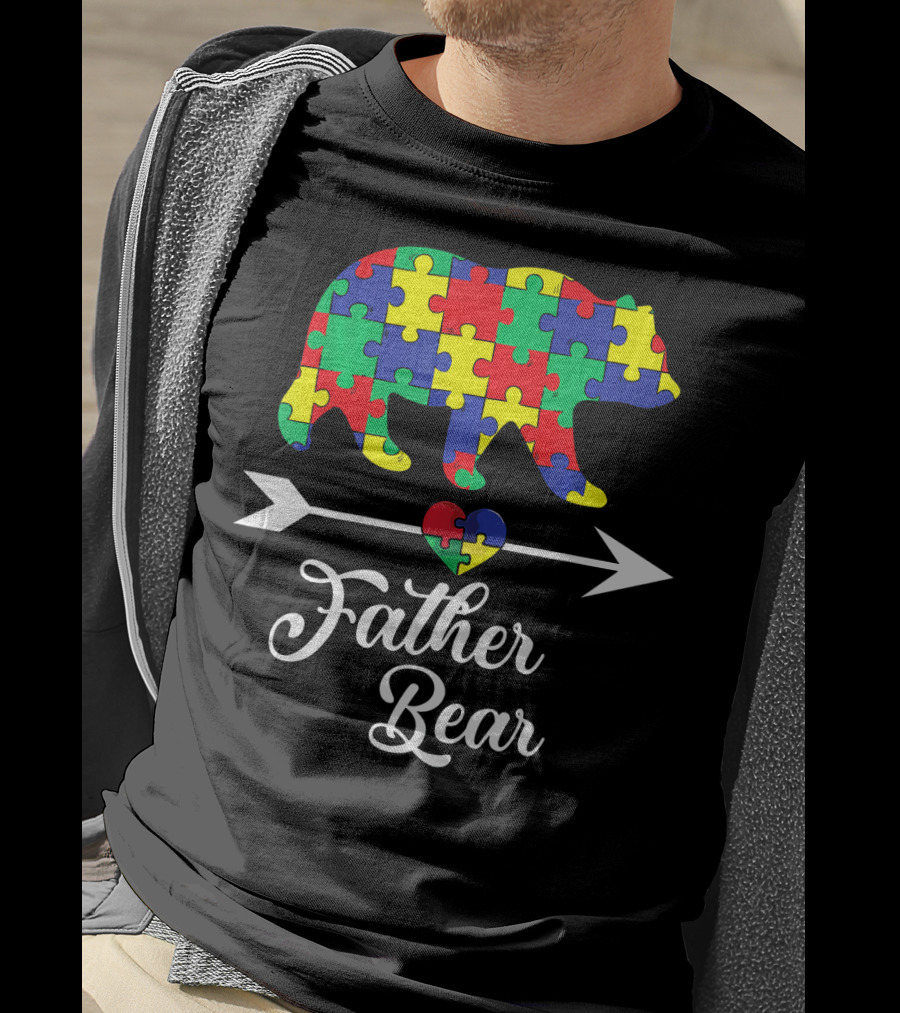 Father Bear Puzzle Autism Awareness Dad Arrow And Heart T-Shirt