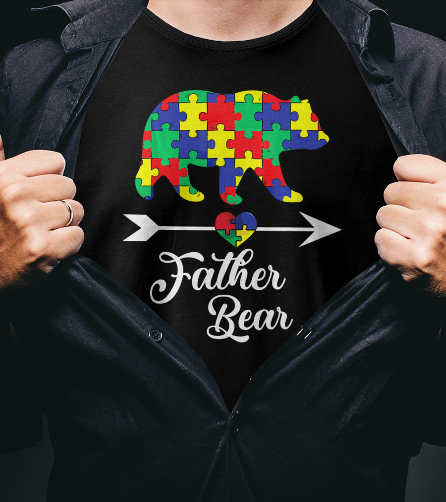 Father Bear Puzzle Autism Awareness Dad Arrow And Heart T-Shirt