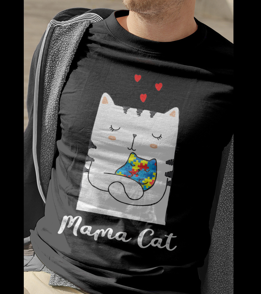 Proud Autism Awareness Mama Cat Hugging Puzzle Piece Hearts T-Shirt