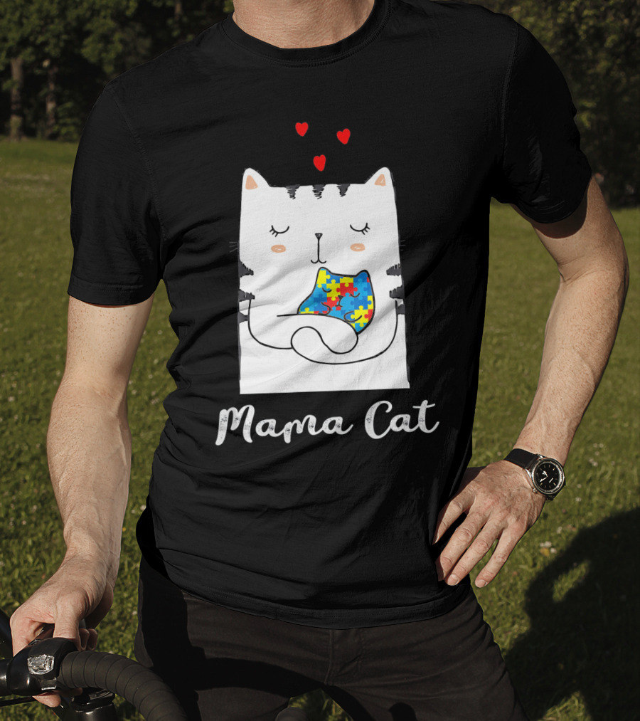 Proud Autism Awareness Mama Cat Hugging Puzzle Piece Hearts T-Shirt