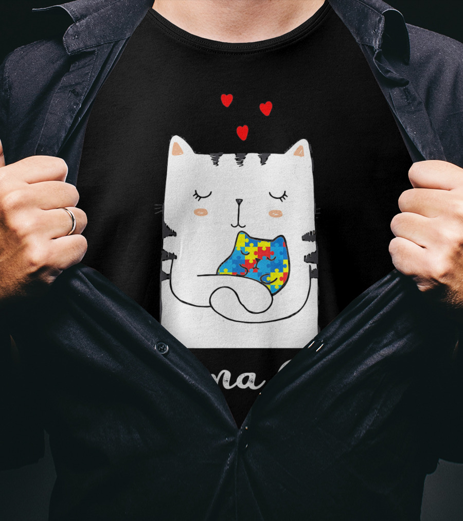 Proud Autism Awareness Mama Cat Hugging Puzzle Piece Hearts T-Shirt