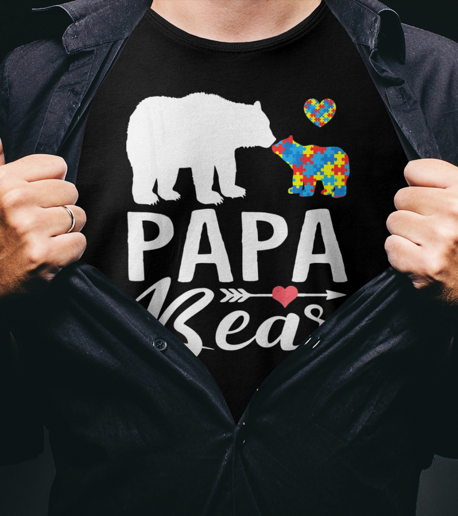 Papa Bear Autism Awareness Love Puzzle Heart Bear T-Shirt