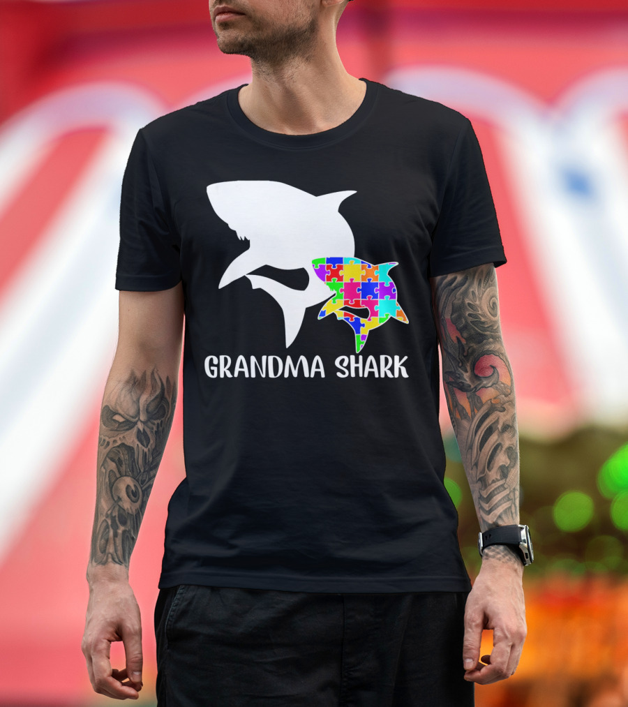 Grandma Shark Autism Awareness Puzzle Shark T-Shirt