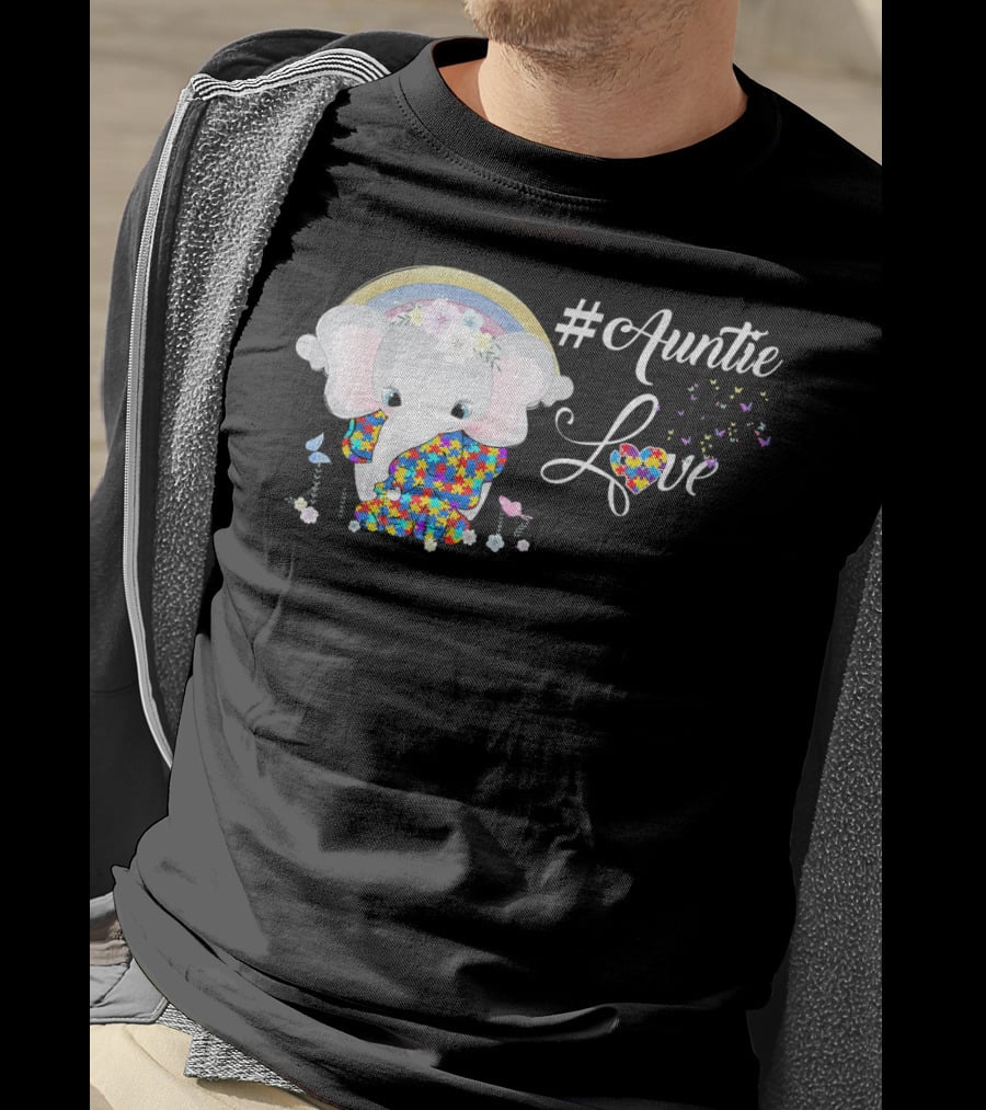 Auntie Love Autism Awareness Elephant With Colorful Puzzle Pattern And Rainbow T-Shirt