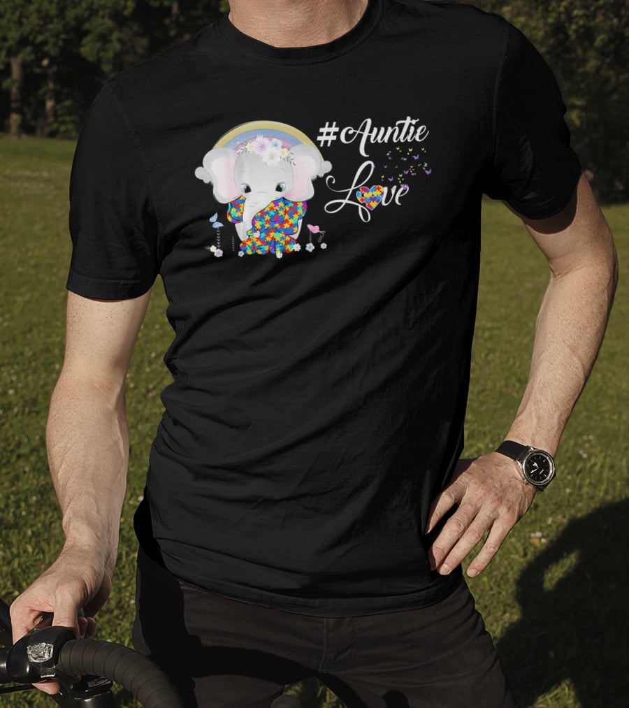 Auntie Love Autism Awareness Elephant With Colorful Puzzle Pattern And Rainbow T-Shirt