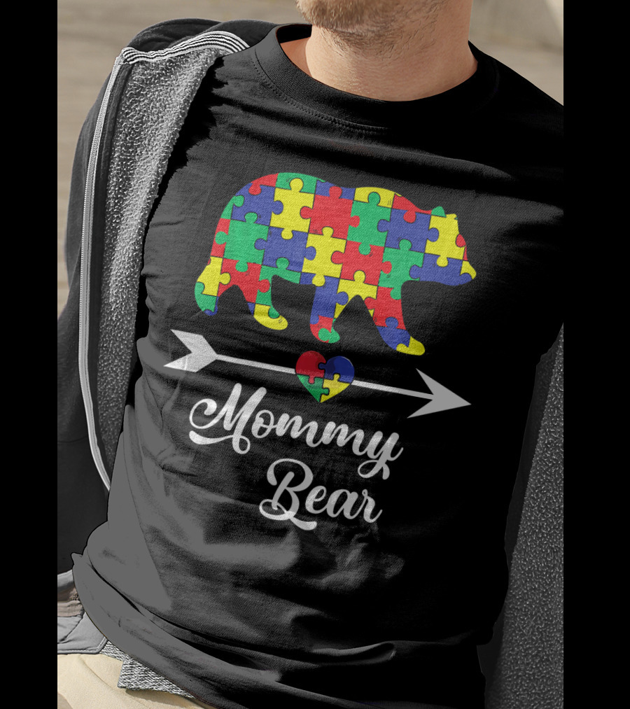 Mommy Bear With Puzzle Heart Autism Awareness T-Shirt