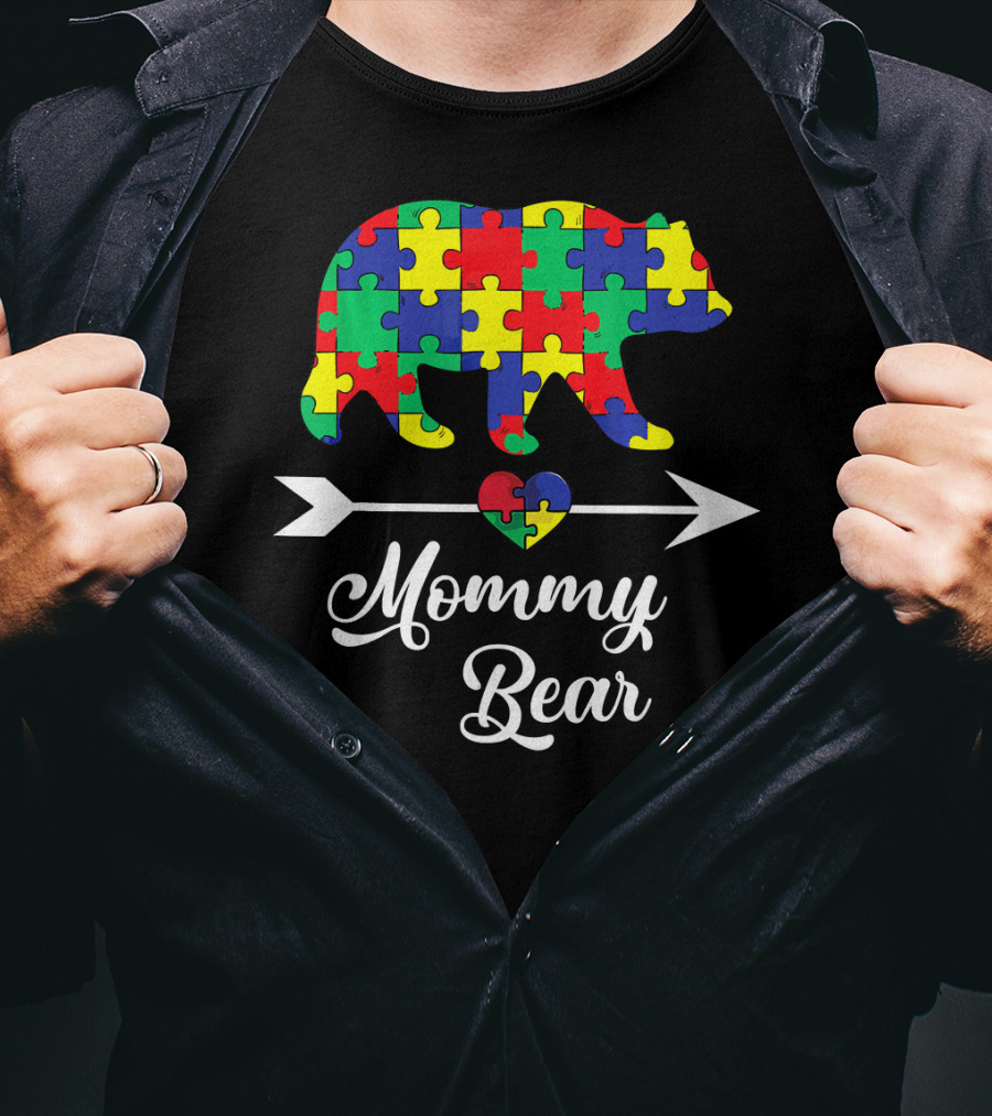 Mommy Bear With Puzzle Heart Autism Awareness T-Shirt
