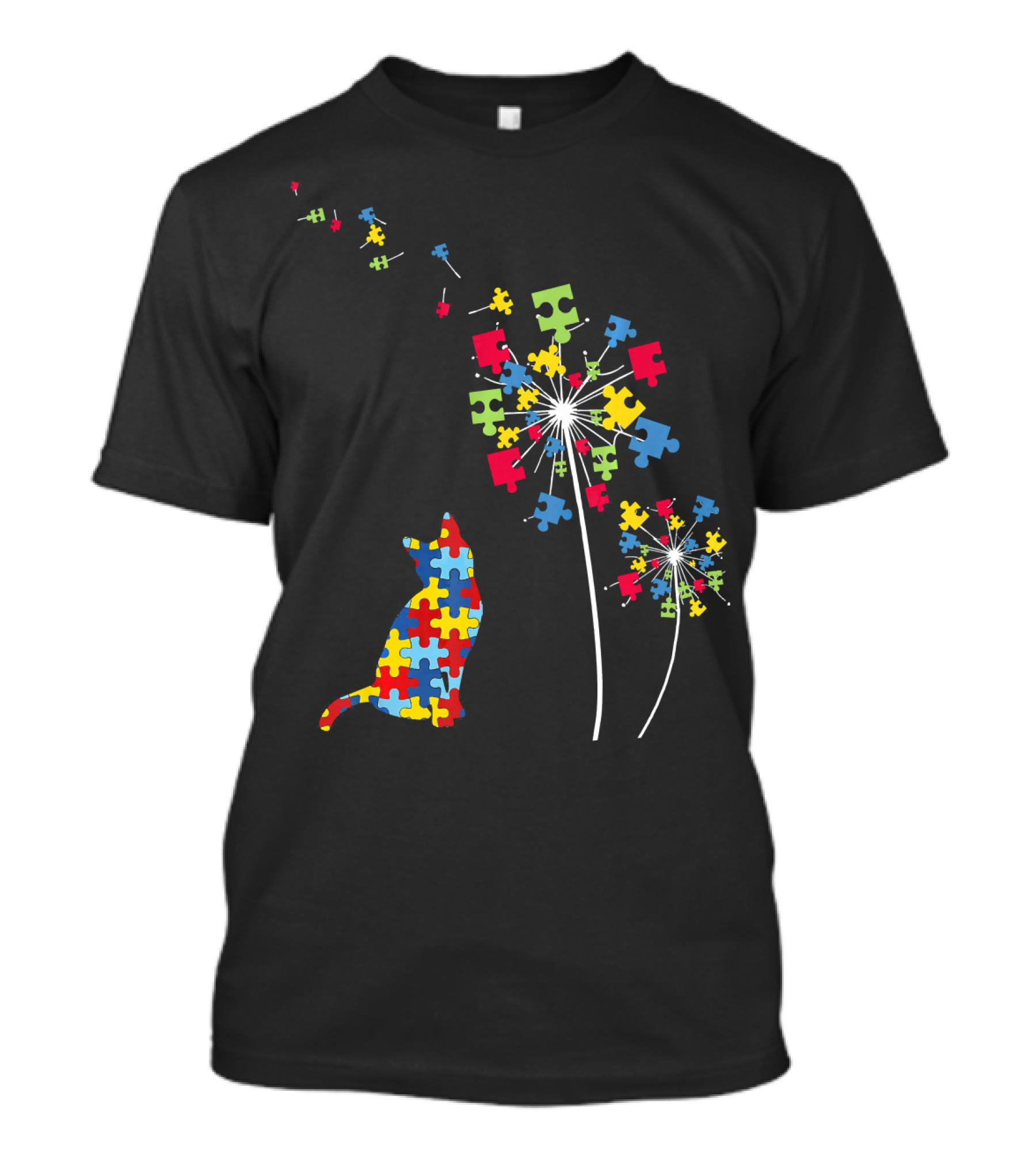 Colorful Puzzle Piece Cat And Dandelion Autism Awareness T-Shirt