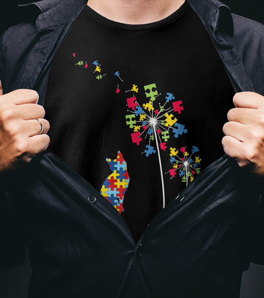 Colorful Puzzle Piece Cat And Dandelion Autism Awareness T-Shirt