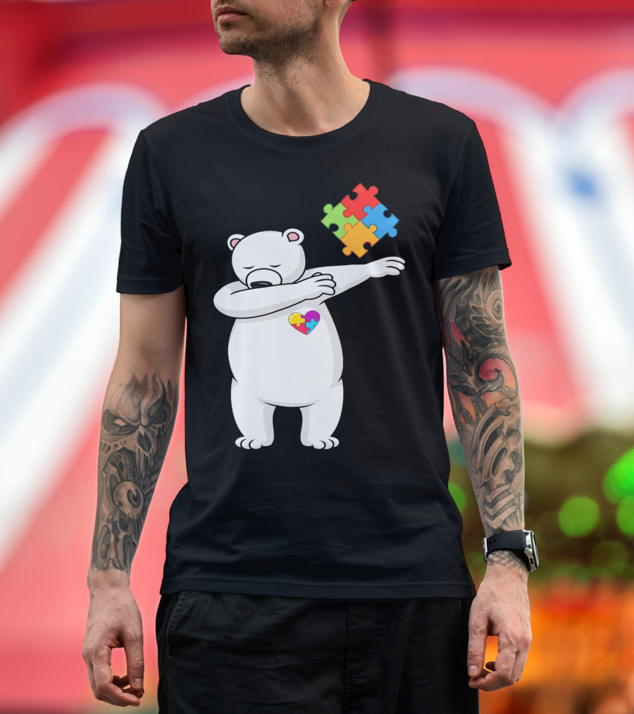 Dabbing Polar Bear Puzzle Piece Heart Autism Awareness T-Shirt