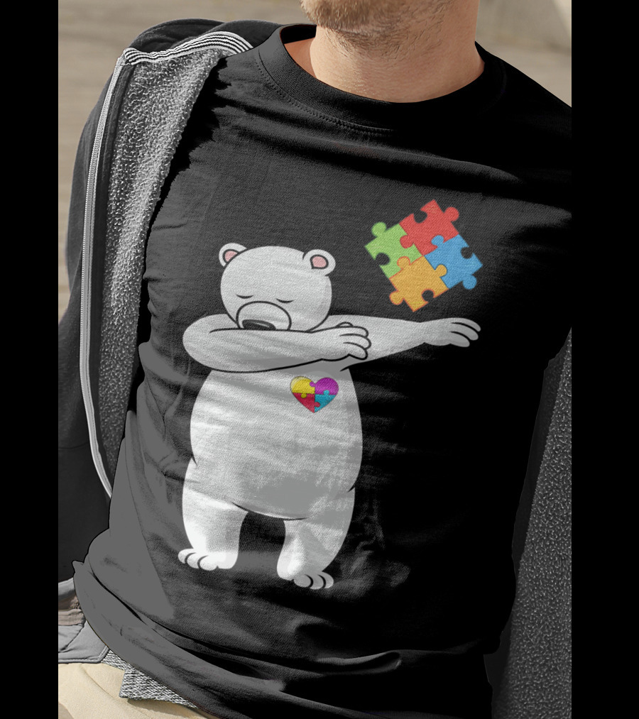 Dabbing Polar Bear Puzzle Piece Heart Autism Awareness T-Shirt