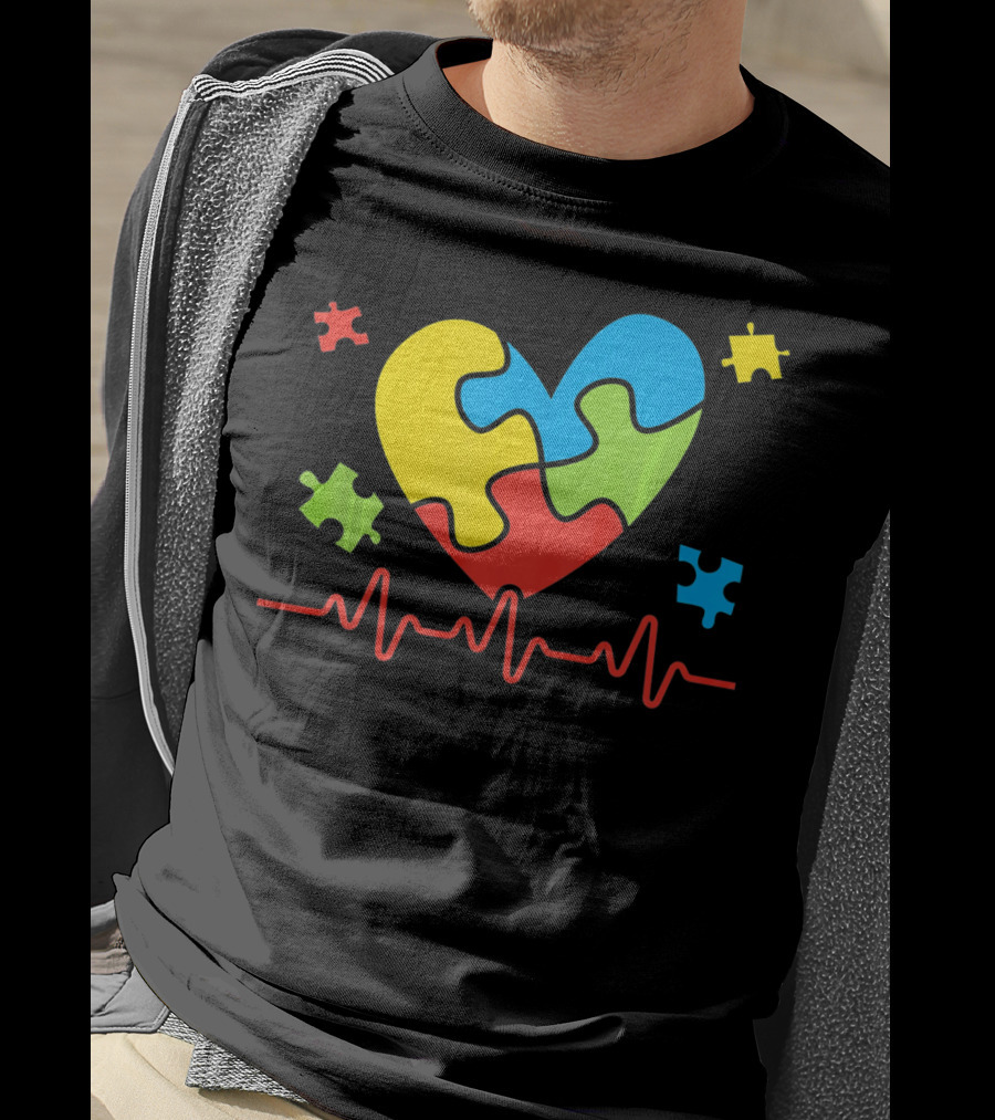 Autism Awareness Heart Puzzle Piece With Heartbeat Line T-Shirt