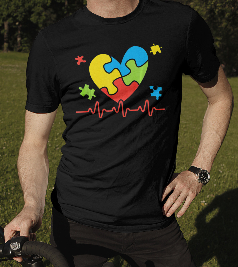 Autism Awareness Heart Puzzle Piece With Heartbeat Line T-Shirt