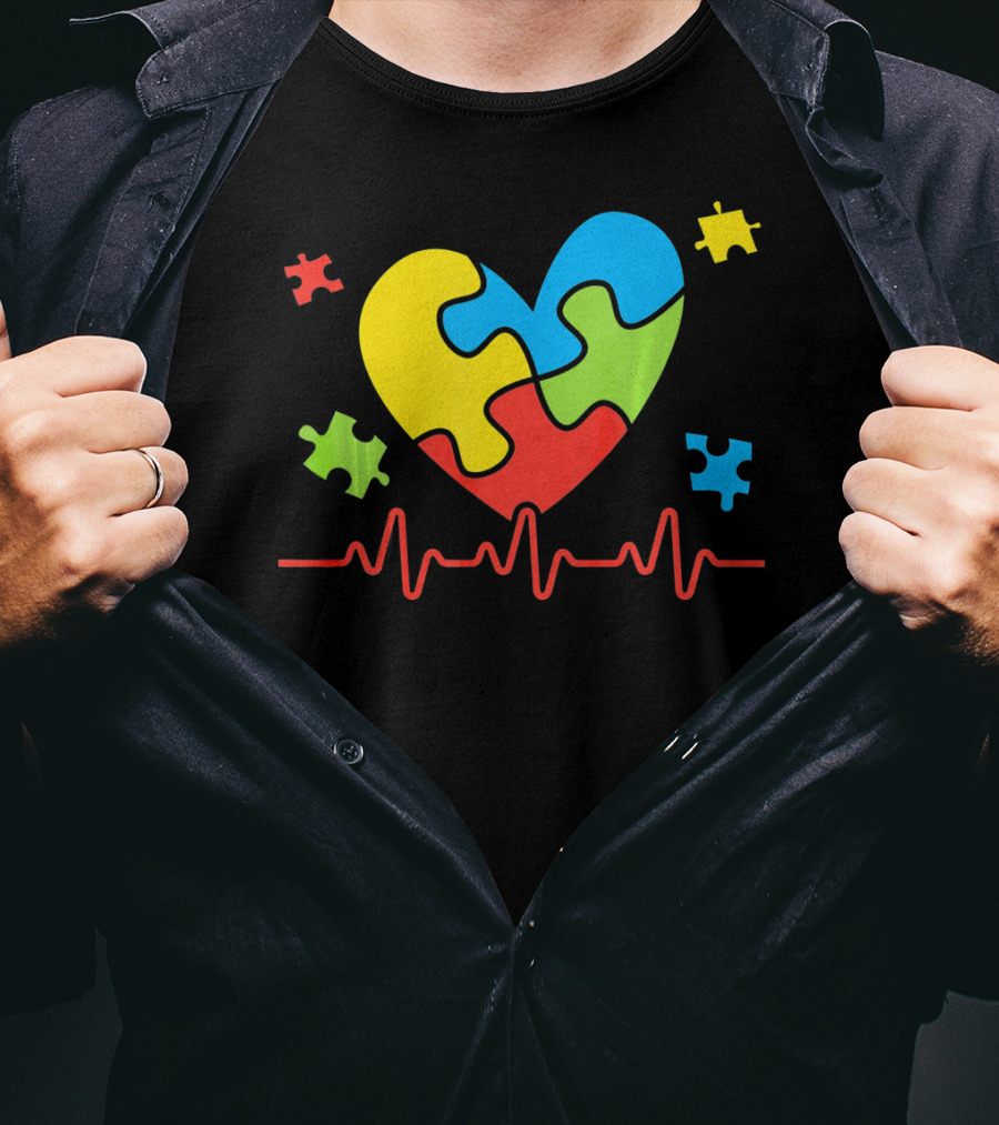 Autism Awareness Heart Puzzle Piece With Heartbeat Line T-Shirt