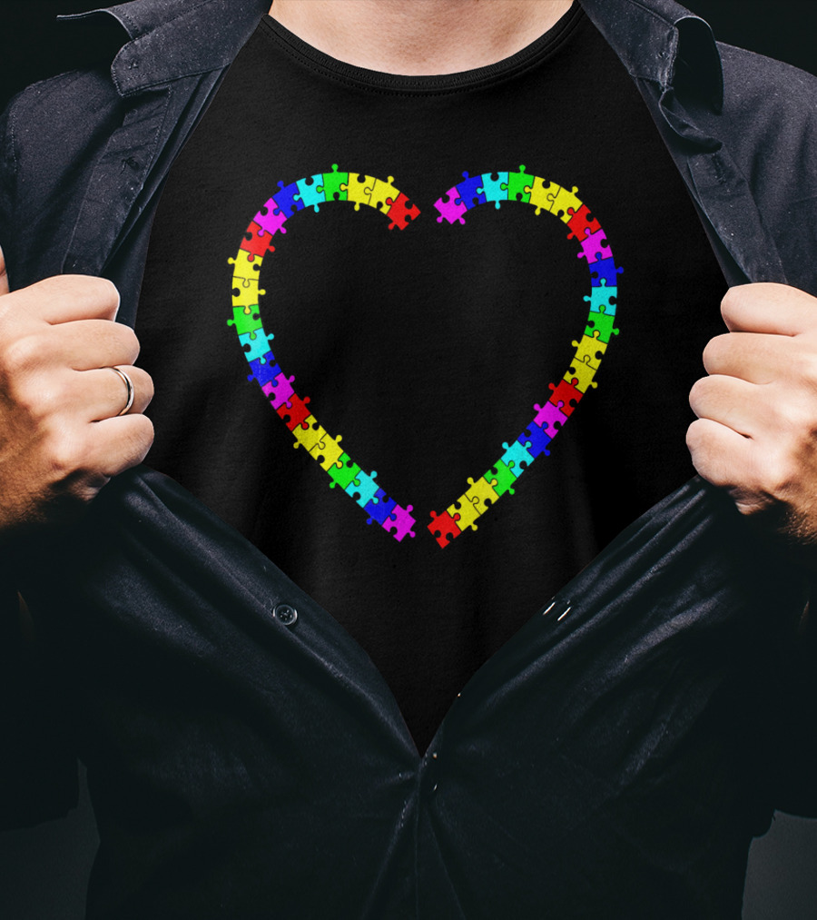 Autism Spectrum Awareness Puzzle Pieces Rainbow Heart T-Shirt