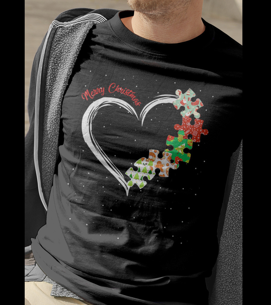 Merry Christmas Autism Awareness Heart Puzzle T-Shirt