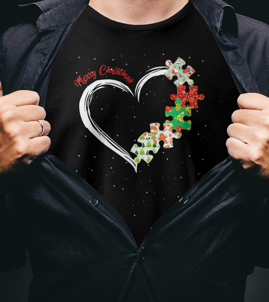 Merry Christmas Autism Awareness Heart Puzzle T-Shirt