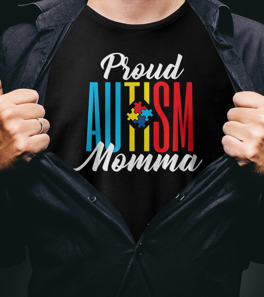 Proud Autism Momma Awareness Puzzle Pieces T-Shirt
