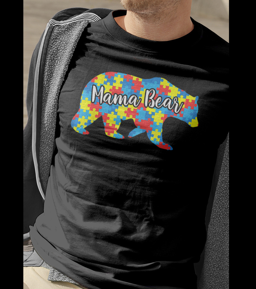Mama Bear Autism Awareness Puzzle Pattern Love Support T-Shirt