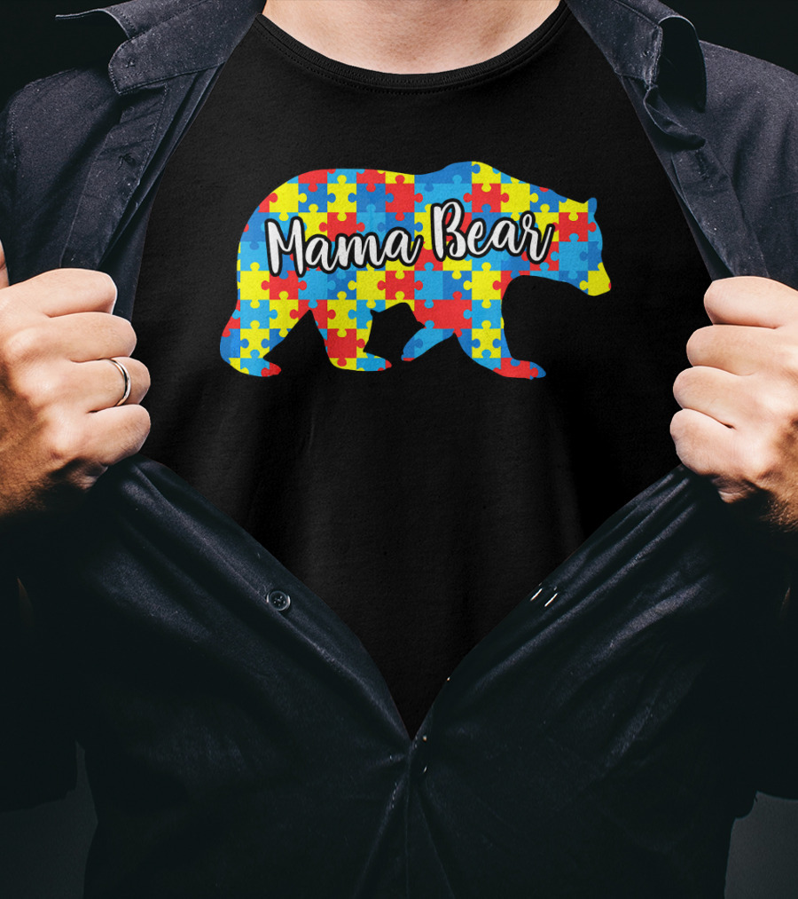 Mama Bear Autism Awareness Puzzle Pattern Love Support T-Shirt