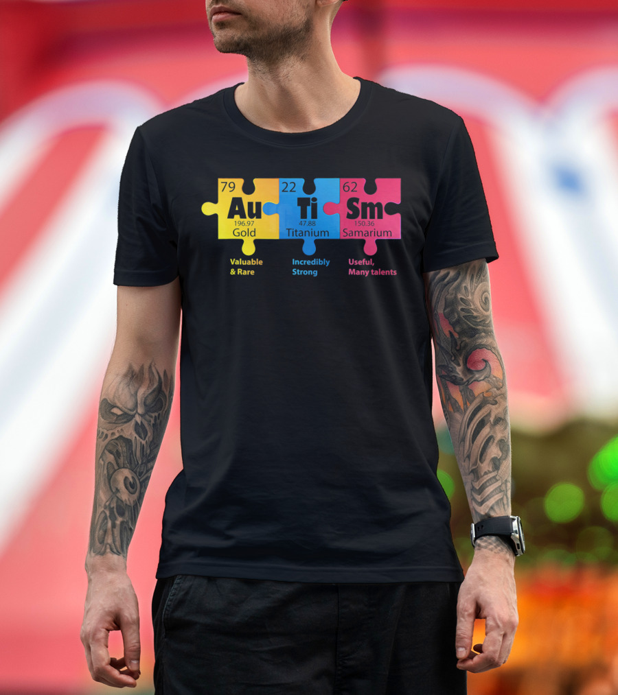 Au Ti Sm Autism Chemical Elements Puzzle Pieces Gold Titanium Samarium T-Shirt