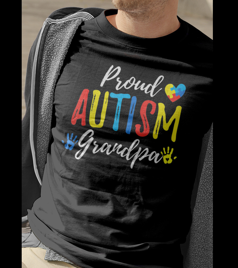 Proud Grandpa Autism Puzzle Heart Handprints T-Shirt