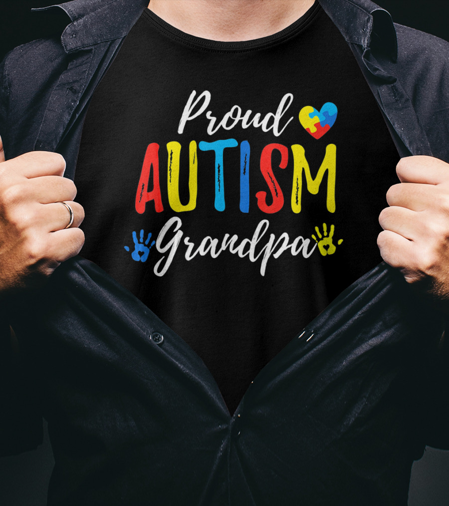 Proud Grandpa Autism Puzzle Heart Handprints T-Shirt