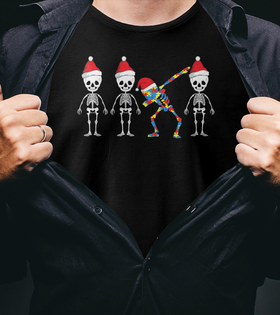 Autism Awareness Puzzle Skeleton Dabbing Santa Hat Trio T-Shirt