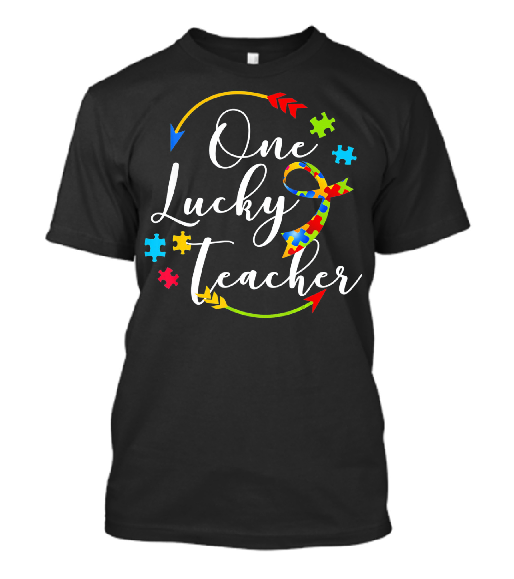 One Lucky Teacher Autism Puzzle Ribbon Arrows T-Shirt