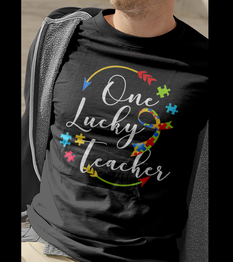 One Lucky Teacher Autism Puzzle Ribbon Arrows T-Shirt