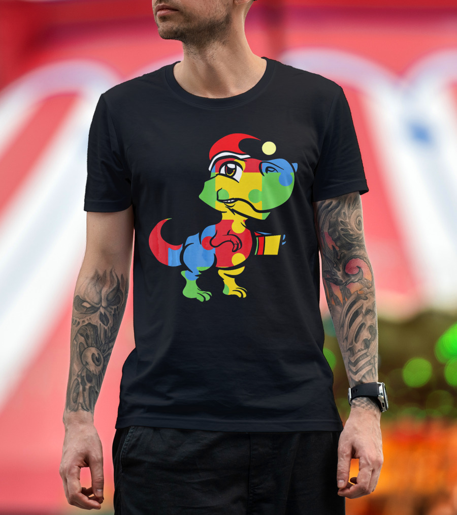 Funny Christmas Autism Awareness Santa Dinosaur Puzzle T-Shirt