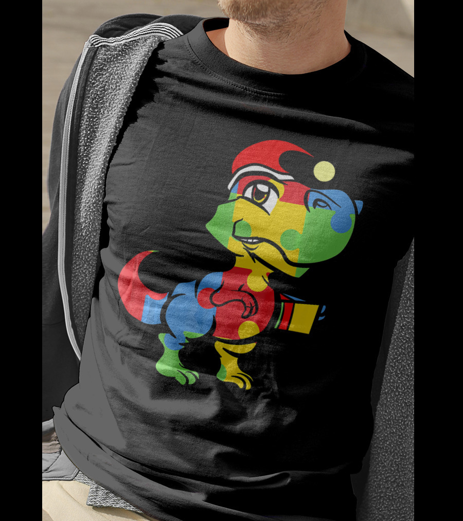 Funny Christmas Autism Awareness Santa Dinosaur Puzzle T-Shirt