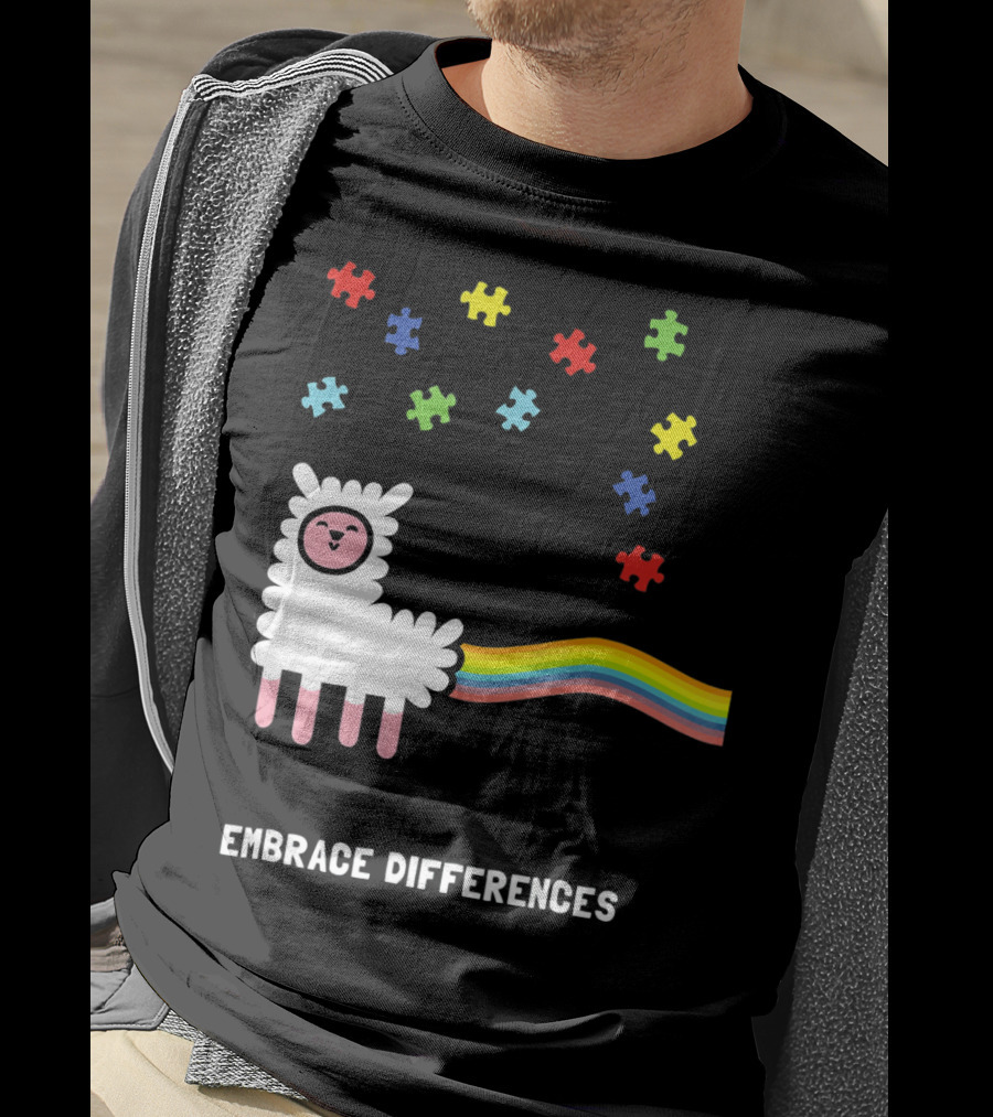 Embrace Differences Autism Awareness Llama Rainbow Puzzle Pieces T-Shirt