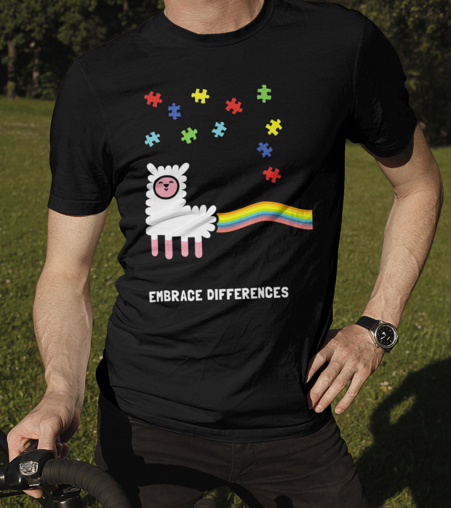 Embrace Differences Autism Awareness Llama Rainbow Puzzle Pieces T-Shirt