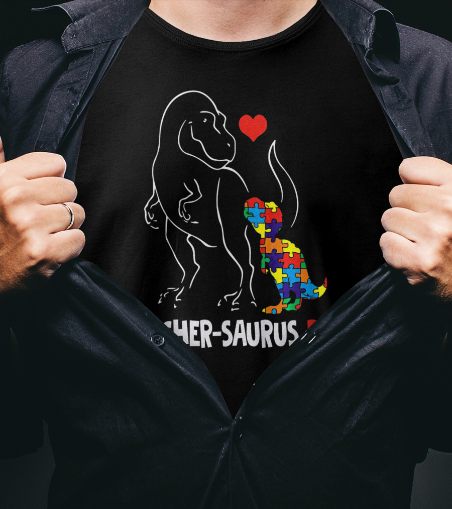 Teacher Saurus Rex Dinosaur With Heart And Colorful Puzzle T-Shirt