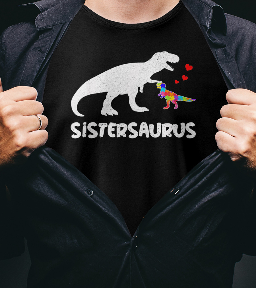 Sistersaurus Dinosaur Rainbow Puzzle Hearts T-Shirt