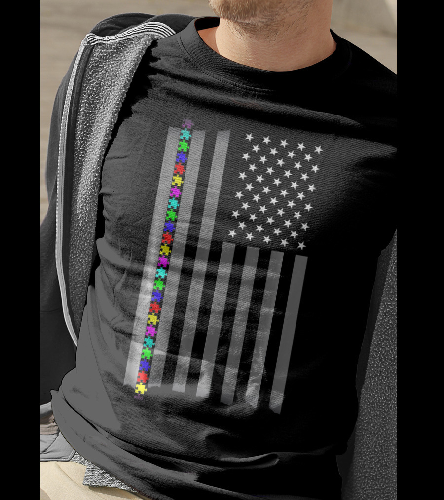 Autism Awareness Puzzles American Flag T-Shirt