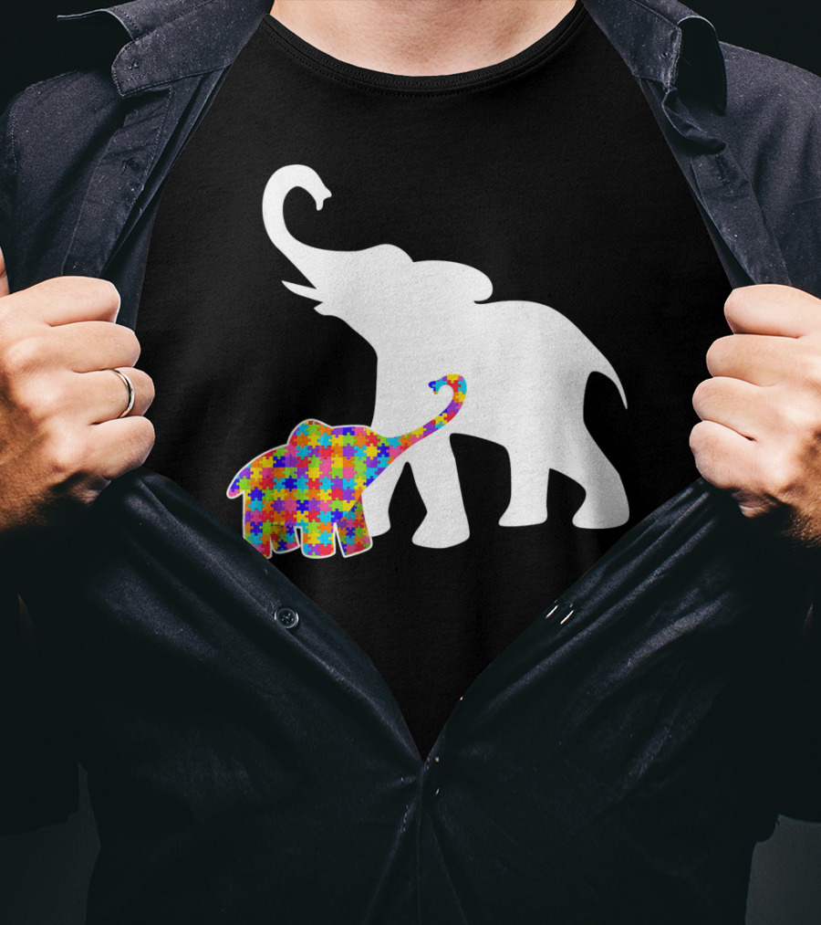 Elephant Autism Awareness Puzzle Pattern Support T-Shirt
