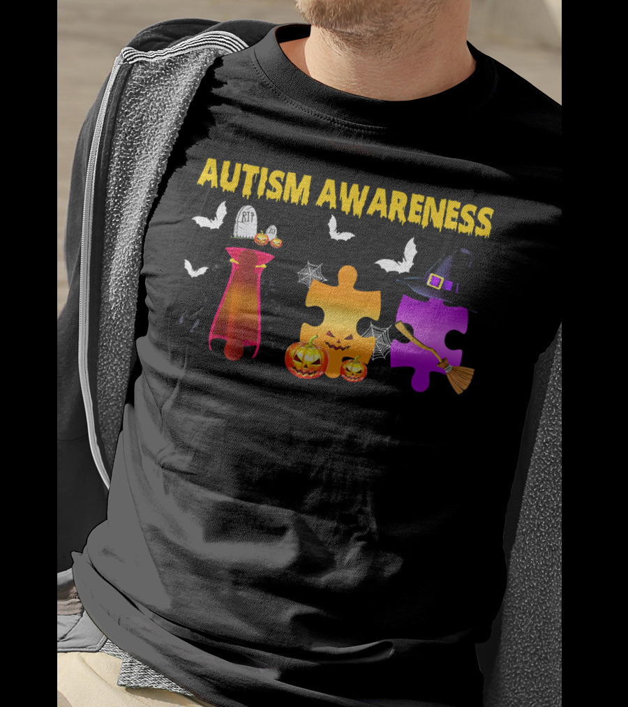 Autism Awareness Halloween Puzzle Pieces With Witch Hat Bats And Pumpkins T-Shirt