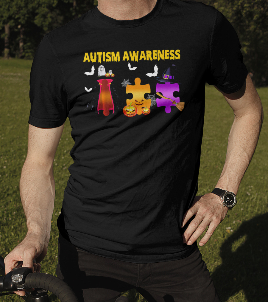 Autism Awareness Halloween Puzzle Pieces With Witch Hat Bats And Pumpkins T-Shirt