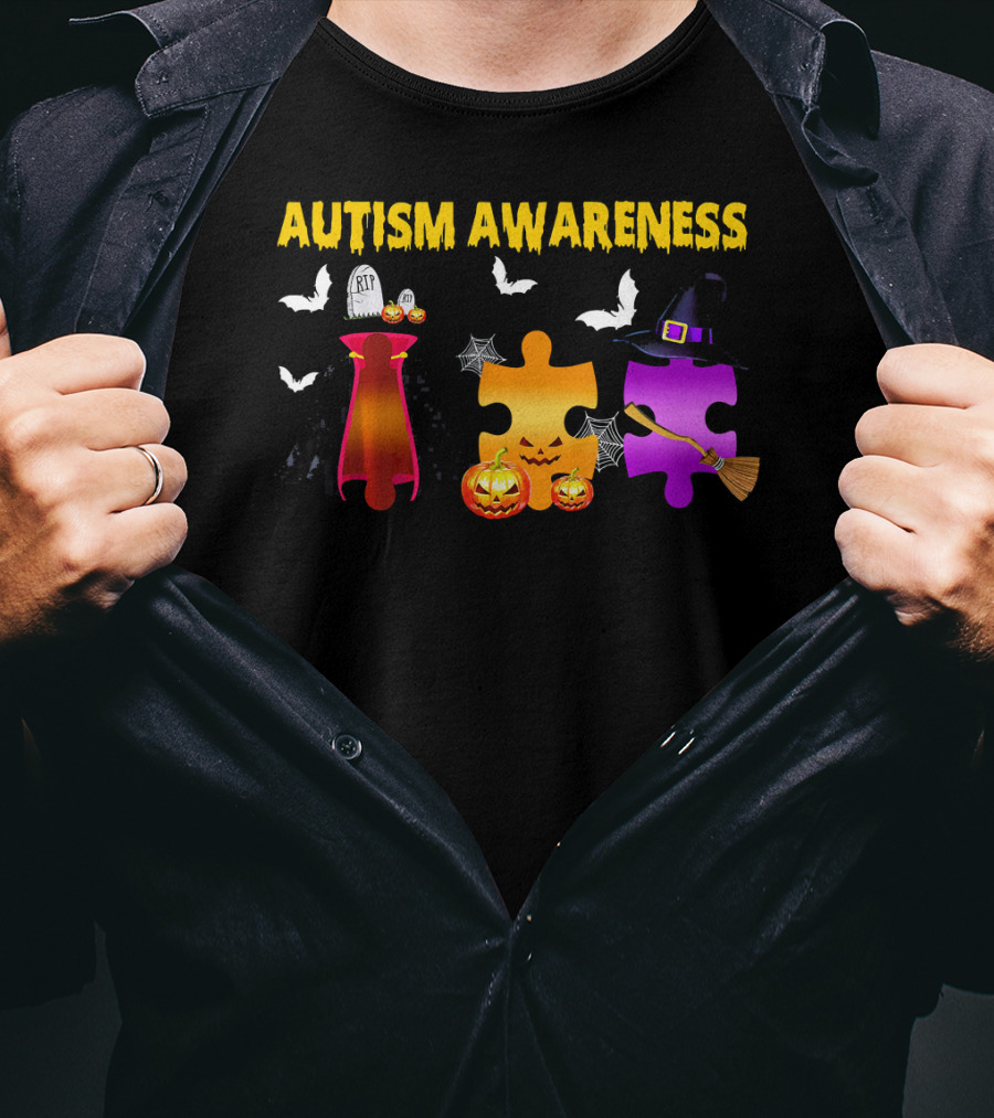 Autism Awareness Halloween Puzzle Pieces With Witch Hat Bats And Pumpkins T-Shirt