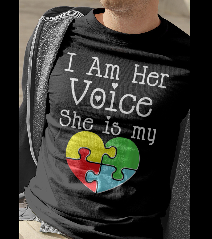 I Am Her Voice She Is My Heart Autism Puzzle Heart T-Shirt