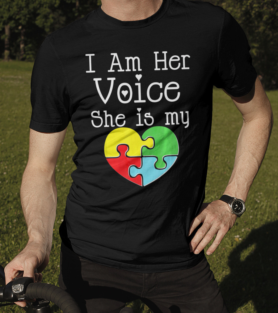 I Am Her Voice She Is My Heart Autism Puzzle Heart T-Shirt