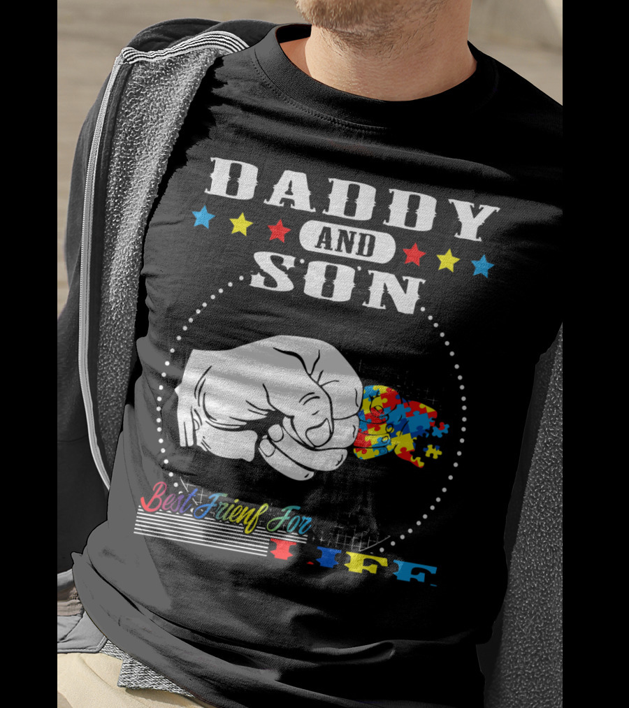 Daddy And Son Best Friends For Life Autism Awareness Puzzle Fist Bump T-Shirt