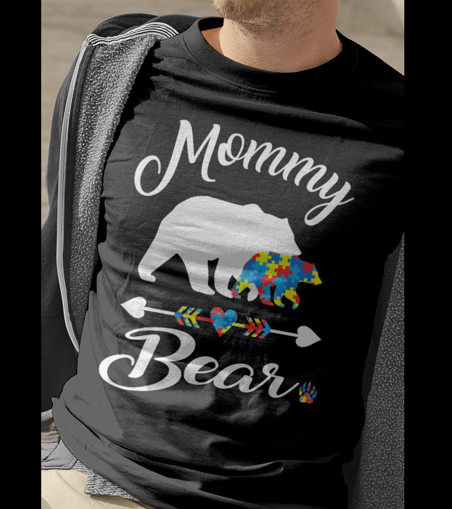 Mommy Bear Autism Awareness Puzzle Pattern Heart T-Shirt
