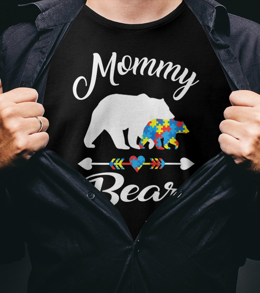 Mommy Bear Autism Awareness Puzzle Pattern Heart T-Shirt