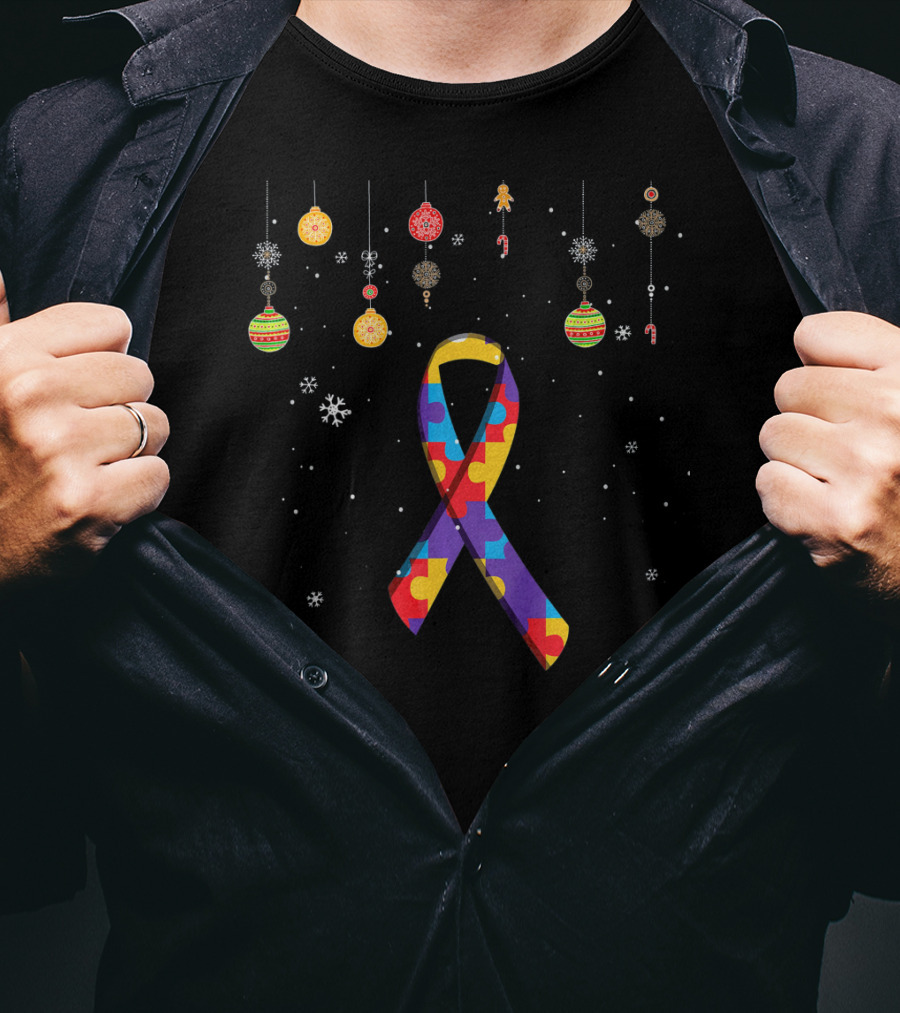 Autism Puzzle Ribbon With Christmas Ornaments And Snowflakes T-Shirt