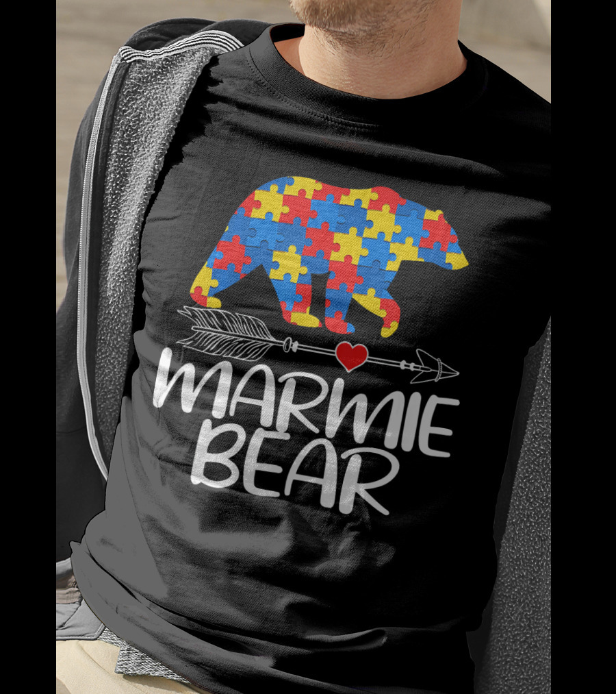 Marmie Bear Autism Awareness Puzzle Heart Arrow T-Shirt