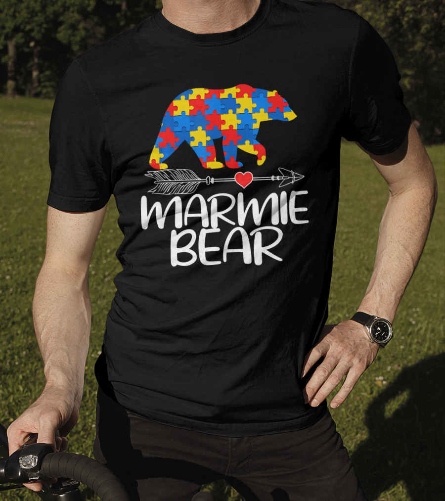 Marmie Bear Autism Awareness Puzzle Heart Arrow T-Shirt